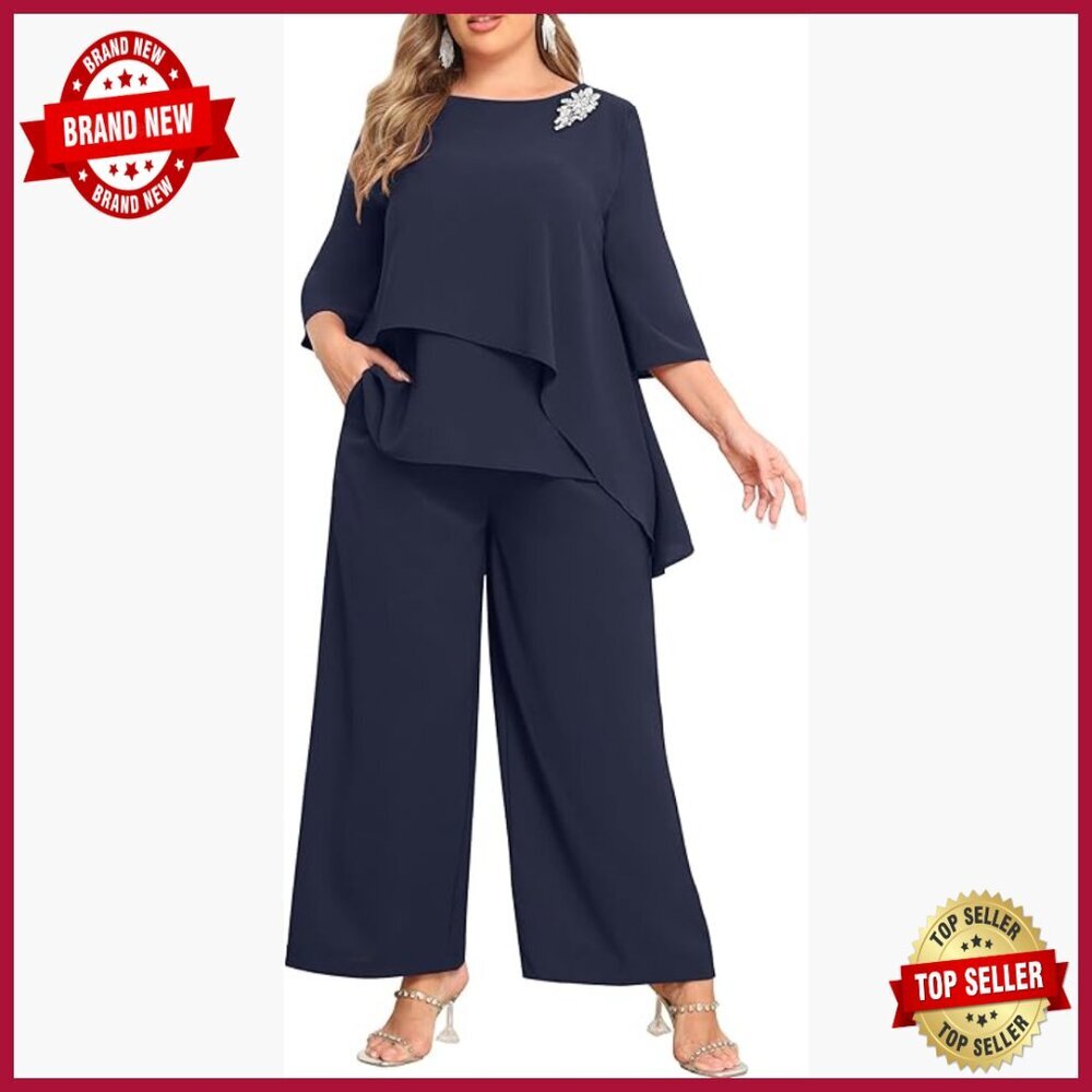 Plus Size Pant Suit Set Wedding Guest Formal Outfit with Pockets